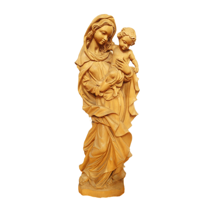 Duża drewniana rzeźba Matki Boskiej z Dzieciątkiem
